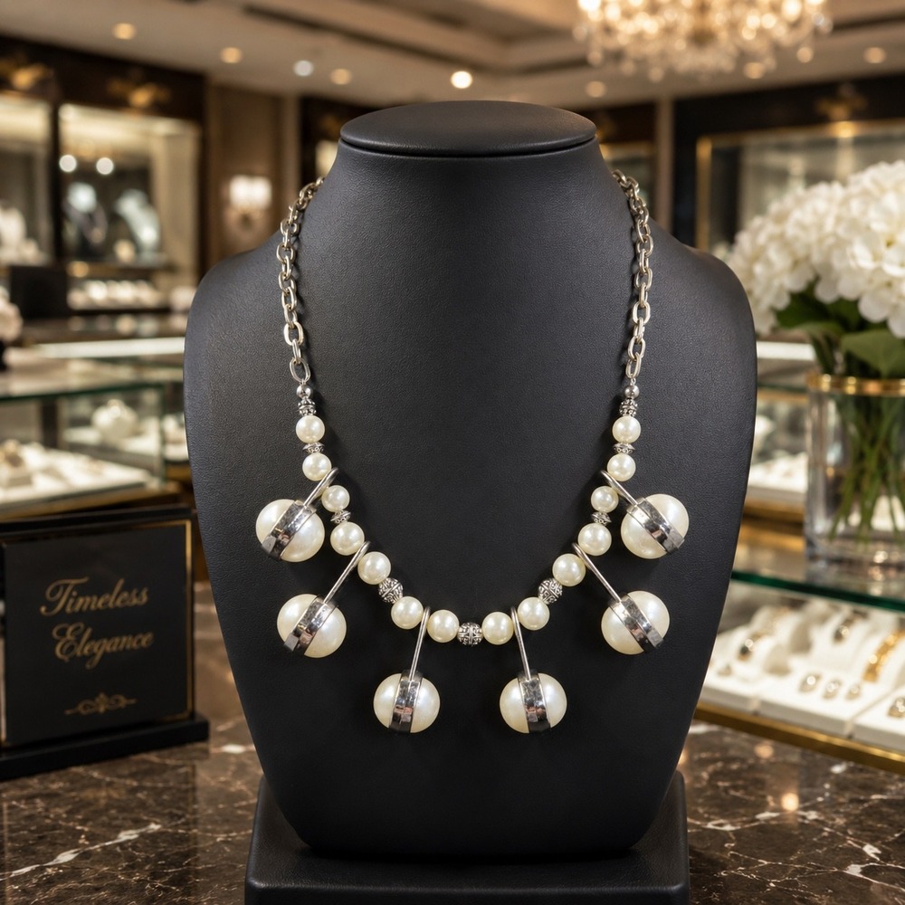 Vintage Pearl Statement Necklace Brushed Silver Coquette Academia Bridal Glam